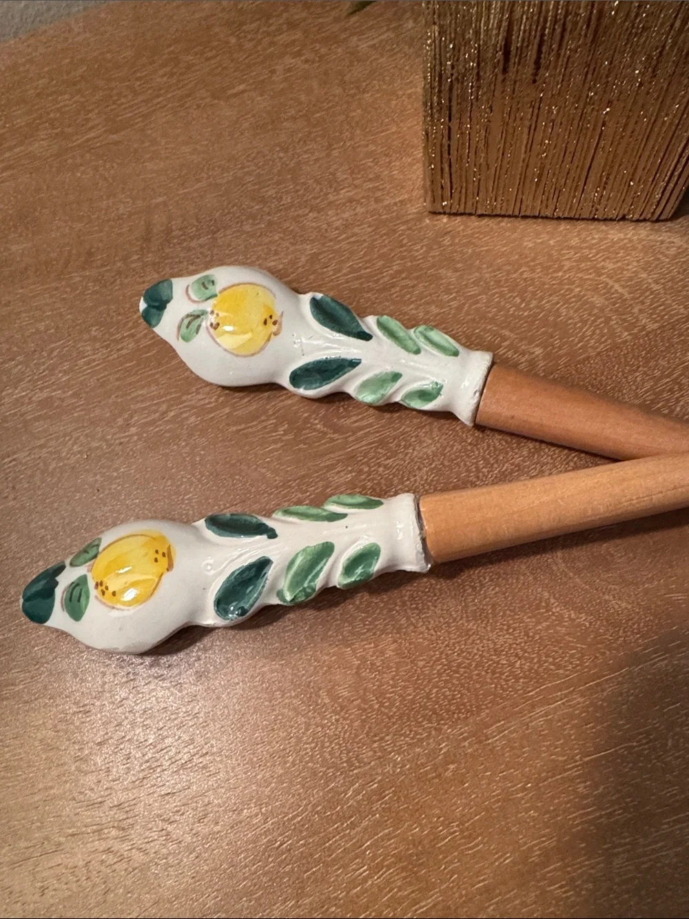 Vintage Handmade Wooden Serving Pieces With Lemon Motif